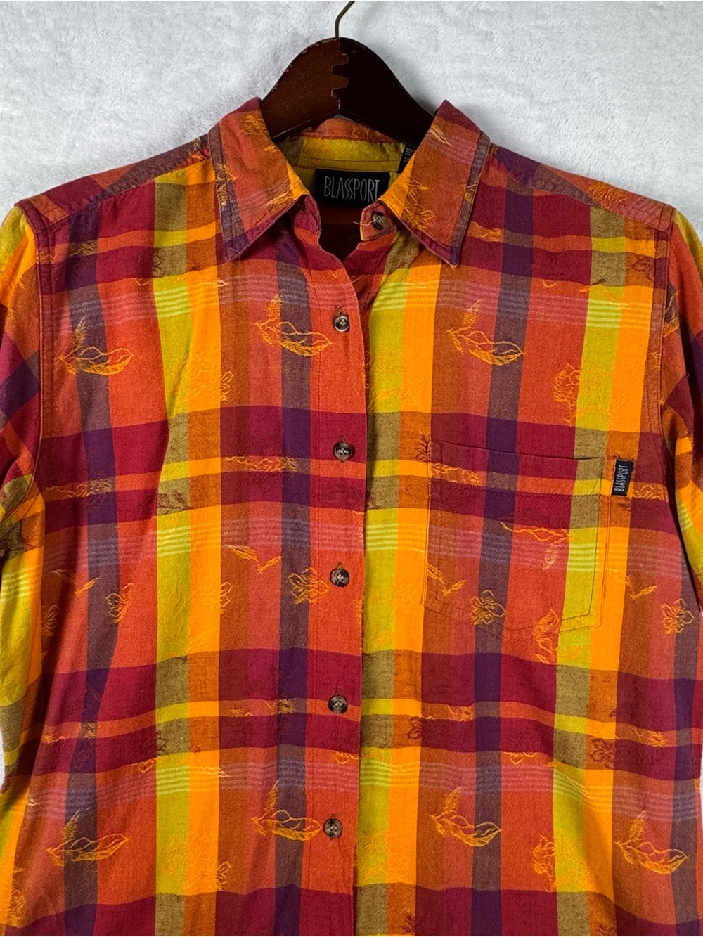 Vintage Blassport Plaid Leaf Jacquard Button Up Shirt Women M - Picture 8 of 8